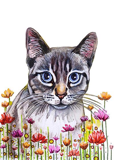 ilustración infantil gato flores