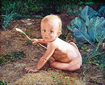 pintura realista retrato bebé naturaleza