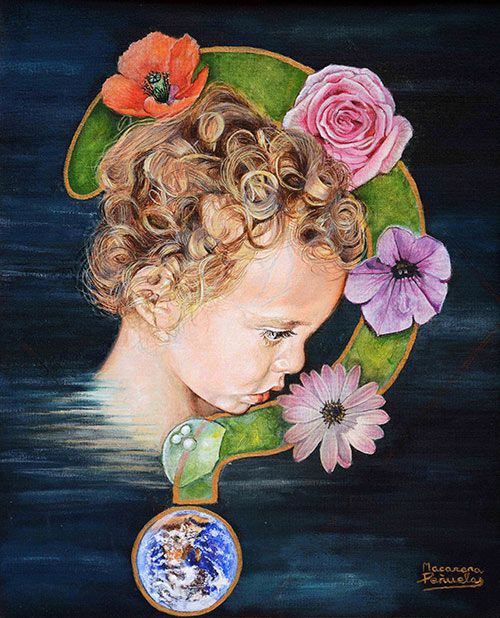 pintura surrealista niño flores