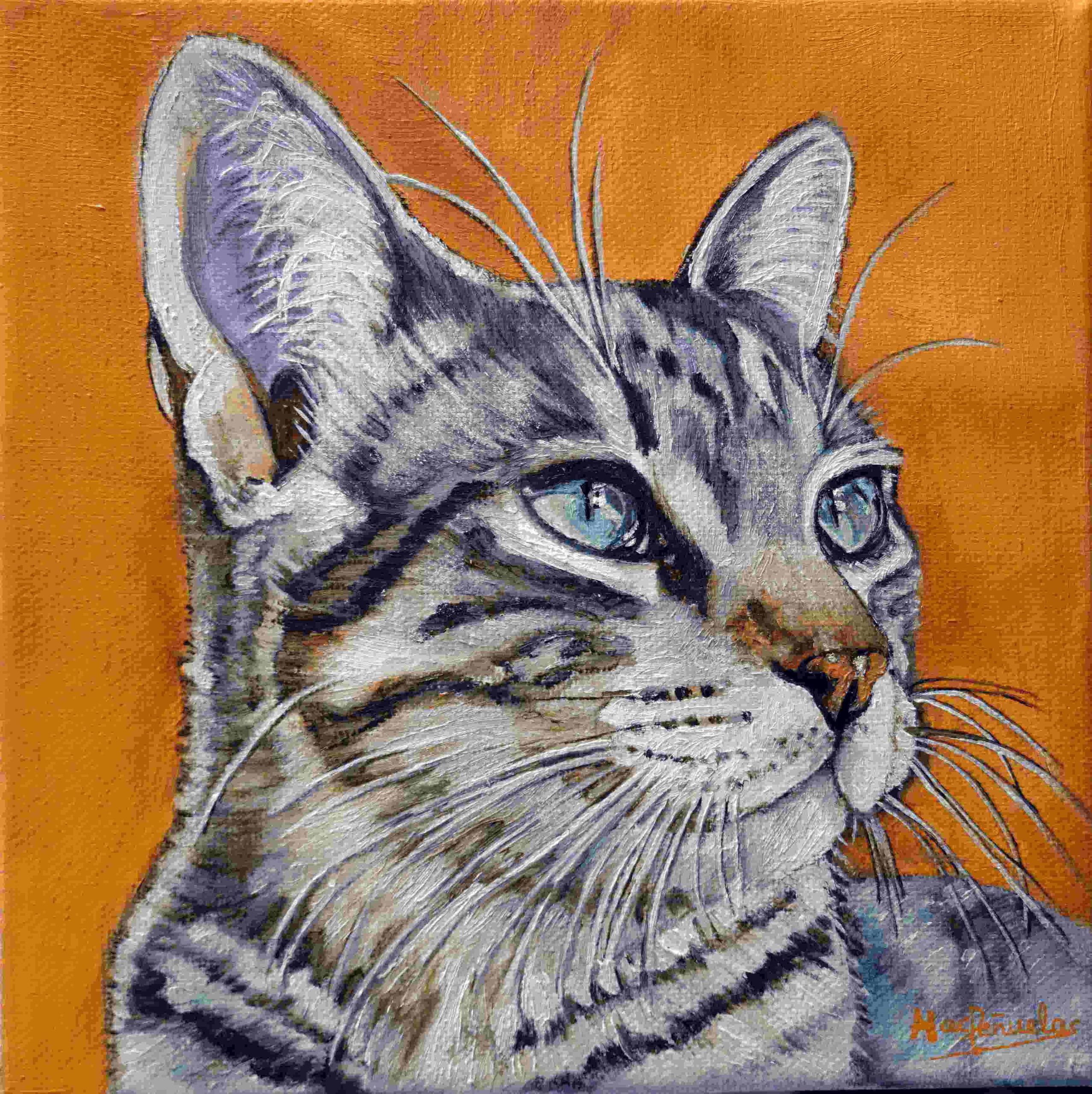 mini pintura muy colorida de un retrato de gato romano.