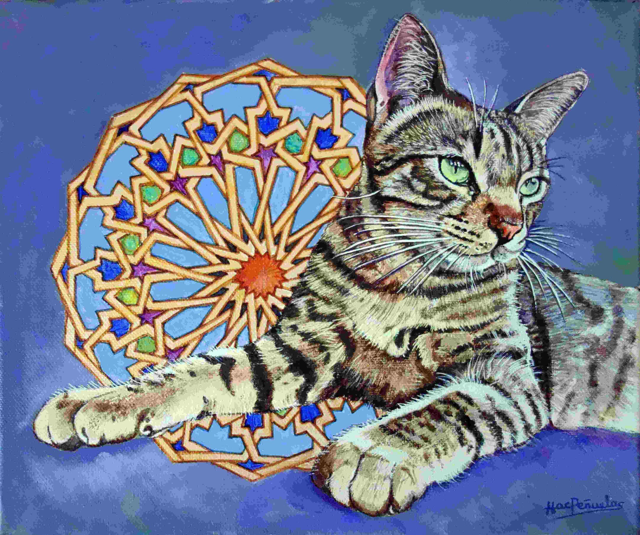 mini pintura retrato de gato y un mandala. Encargos de retratos de animales.