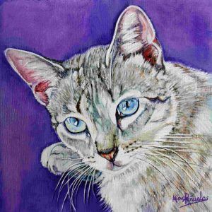 Mini retrato de Wendy, la gata de ojos azules, óleo al agua sobre madera