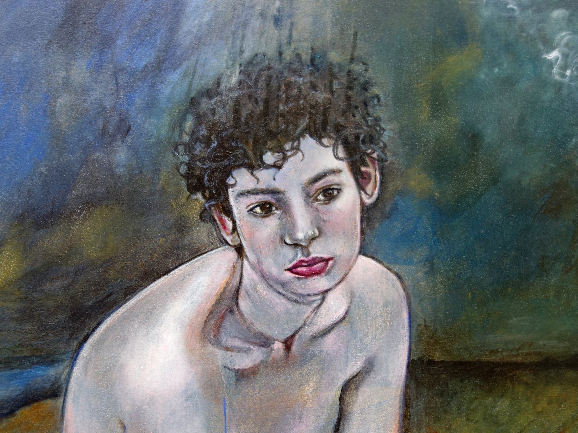 Detalle de 'Hasta aquí,' pintura realista de persona arrodillada desnuda con mirada perdida en paisaje onírico de atardecer, acrílico y lápiz 61x81 cm