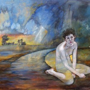 Hasta aquí, pintura realista de persona arrodillada desnuda con mirada perdida en paisaje onírico de atardecer, acrílico y lápiz 61x81 cm