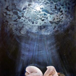 Soledad, pintura realista de mujer tumbada de lado con ojos cerrados iluminada por la luz de la luna llena sobre fondo azul oscuro, acrílico y lápiz 81x61 cm