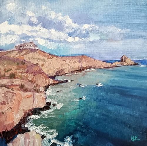 Atalaya del acantilado, paisaje de acantilados rocosos y áridos bordeando el mar en tonos azules y esmeraldas con una edificación aislada en lo alto, óleo espátula 20x20 cm