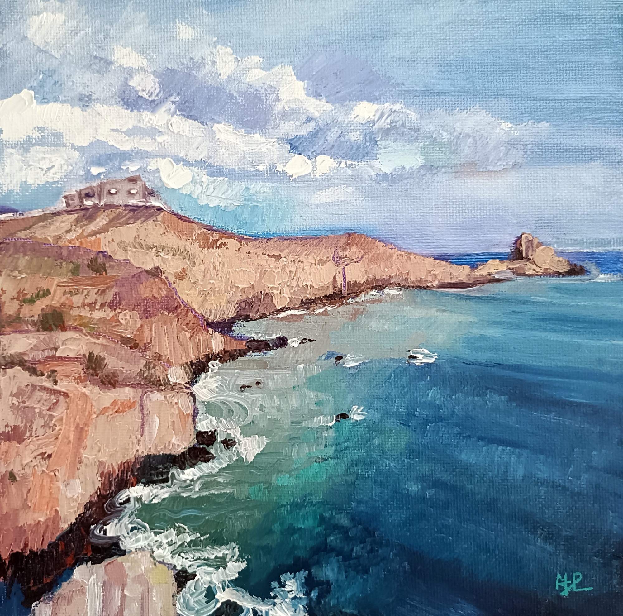 Atalaya del acantilado, paisaje de acantilados rocosos y áridos bordeando el mar en tonos azules y esmeraldas con una edificación aislada en lo alto, óleo espátula 20x20 cm