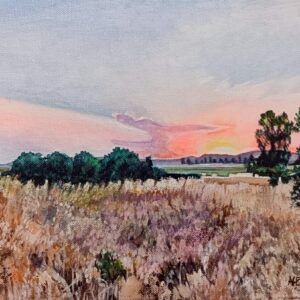 Atardecer en la campiña, paisaje de hierba pajiza y alta con tonos verdes oscuros y violetas, árboles verdes al fondo, montañas y cipreses en el horizonte, cielo rosa naranja amarillo lila y azul con sol blanco casi cubierto, acrílico 25x30 cm
