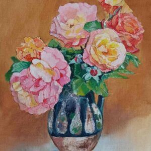 Bodegón de jarra rústica con rosas, pintura original al óleo sobre lienzo 24x30 cm