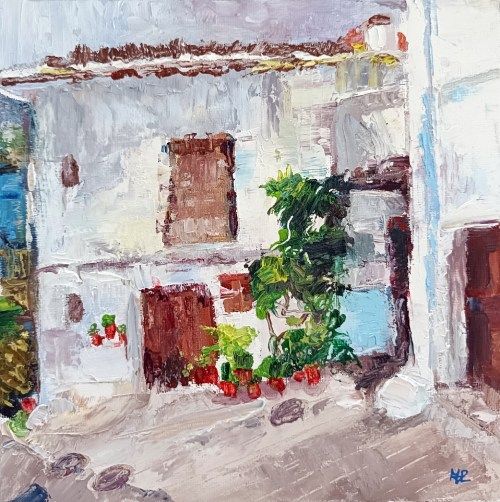 Casita andaluza, fachada de una casita encalada de pueblo muy antigua andaluza con macetitas con plantas colgadas a la izquierda de la puerta y otras macetas en el suelo a la derecha, óleo sobre lienzo 20x20 cm