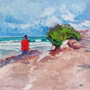 El acceso al mar, paisaje de persona vestida de rojo mirando al mar esmeralda desde un solar de arena con murito y escalinata rústica, óleo espátula 20x20 cm