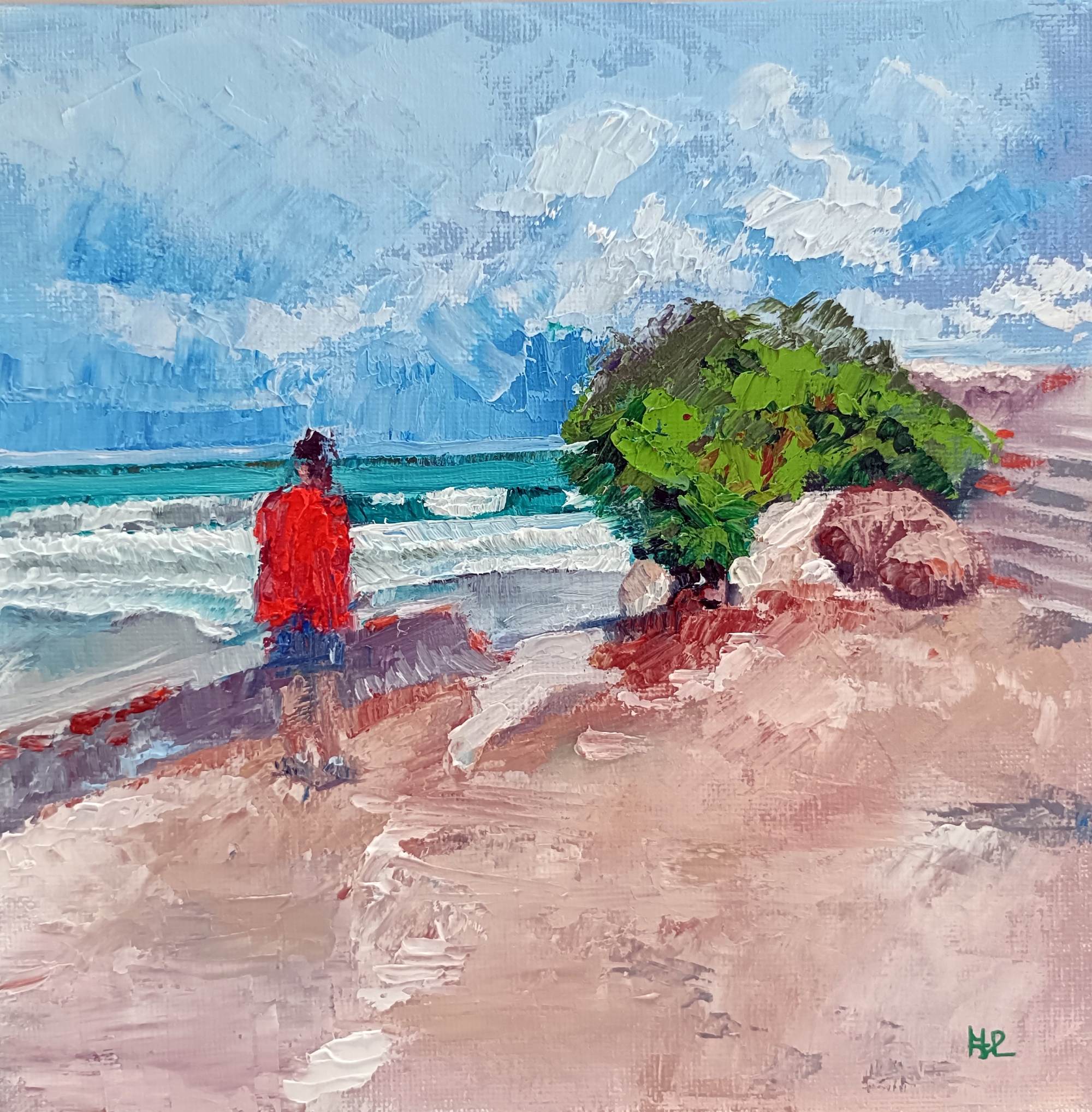 El acceso al mar, paisaje de persona vestida de rojo mirando al mar esmeralda desde un solar de arena con murito y escalinata rústica, óleo espátula 20x20 cm