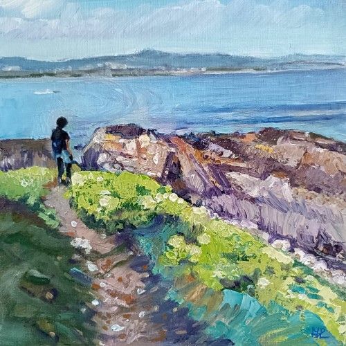 El final del camino, paisaje de una persona al final de un camino bordeado de vegetación que llega a un pequeño acantilado con vistas al mar y grandes rocas, óleo espátula 20x20 cm