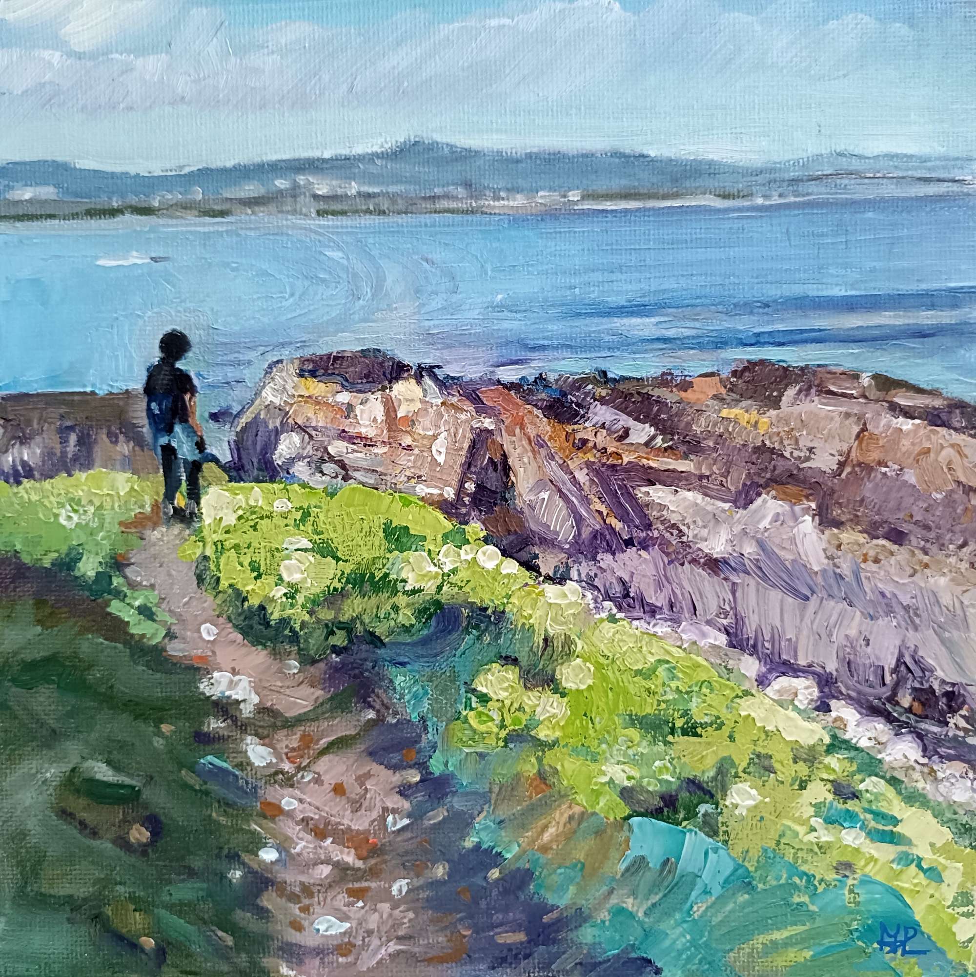 El final del camino, paisaje de una persona al final de un camino bordeado de vegetación que llega a un pequeño acantilado con vistas al mar y grandes rocas, óleo espátula 20x20 cm