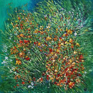 Explosión de flores silvestres rojas naranjas amarillas y blancas sobre hierba verde, pintura original óleo al agua 30x30 cm