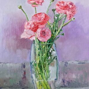 Bodegón de jarrón de cristal con peonías rosas, pintura original al óleo sobre lienzo 23x30 cm