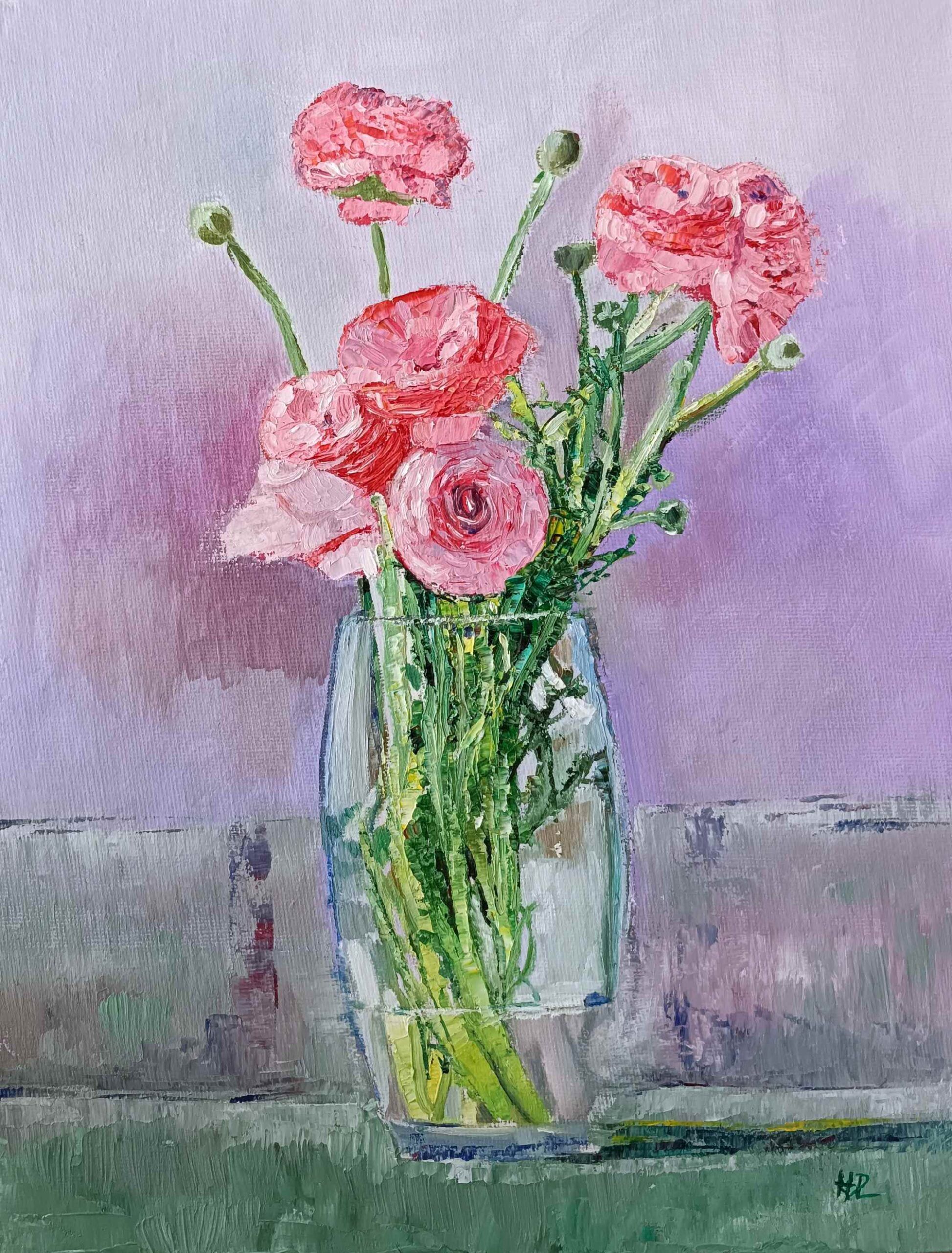 Bodegón de jarrón de cristal con peonías rosas, pintura original al óleo sobre lienzo 23x30 cm