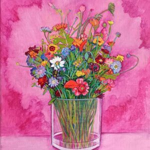 Ramo de flores variadas en vaso de cristal, pintura original acrílica sobre lienzo 30x25 cm fondo rosa fuerte