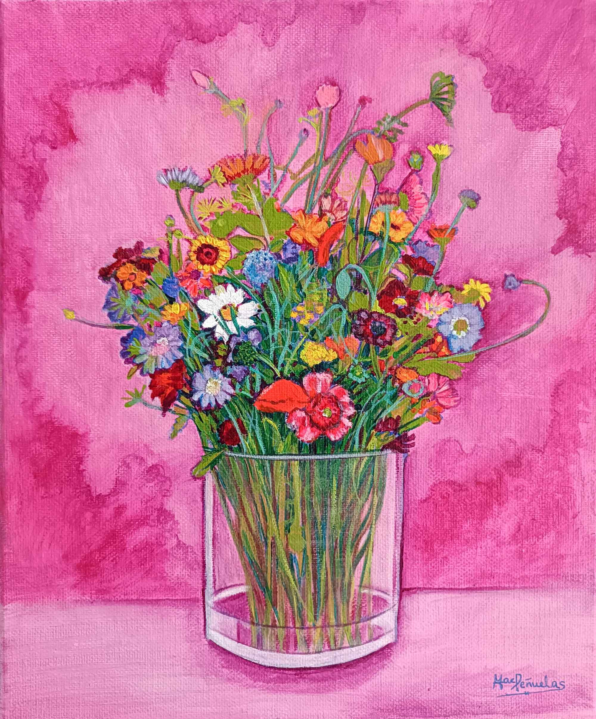 Ramo de flores variadas en vaso de cristal, pintura original acrílica sobre lienzo 30x25 cm fondo rosa fuerte