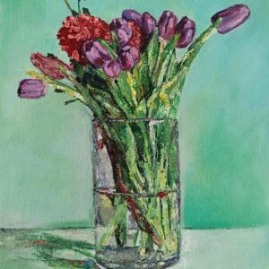 Bodegón de florero de cristal con tulipanes granates, pintura original al óleo sobre lienzo 24x30 cm