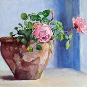 Dos rosas rosas en macetero, pintura original al óleo sobre lienzo 30x24 cm con fondo azul