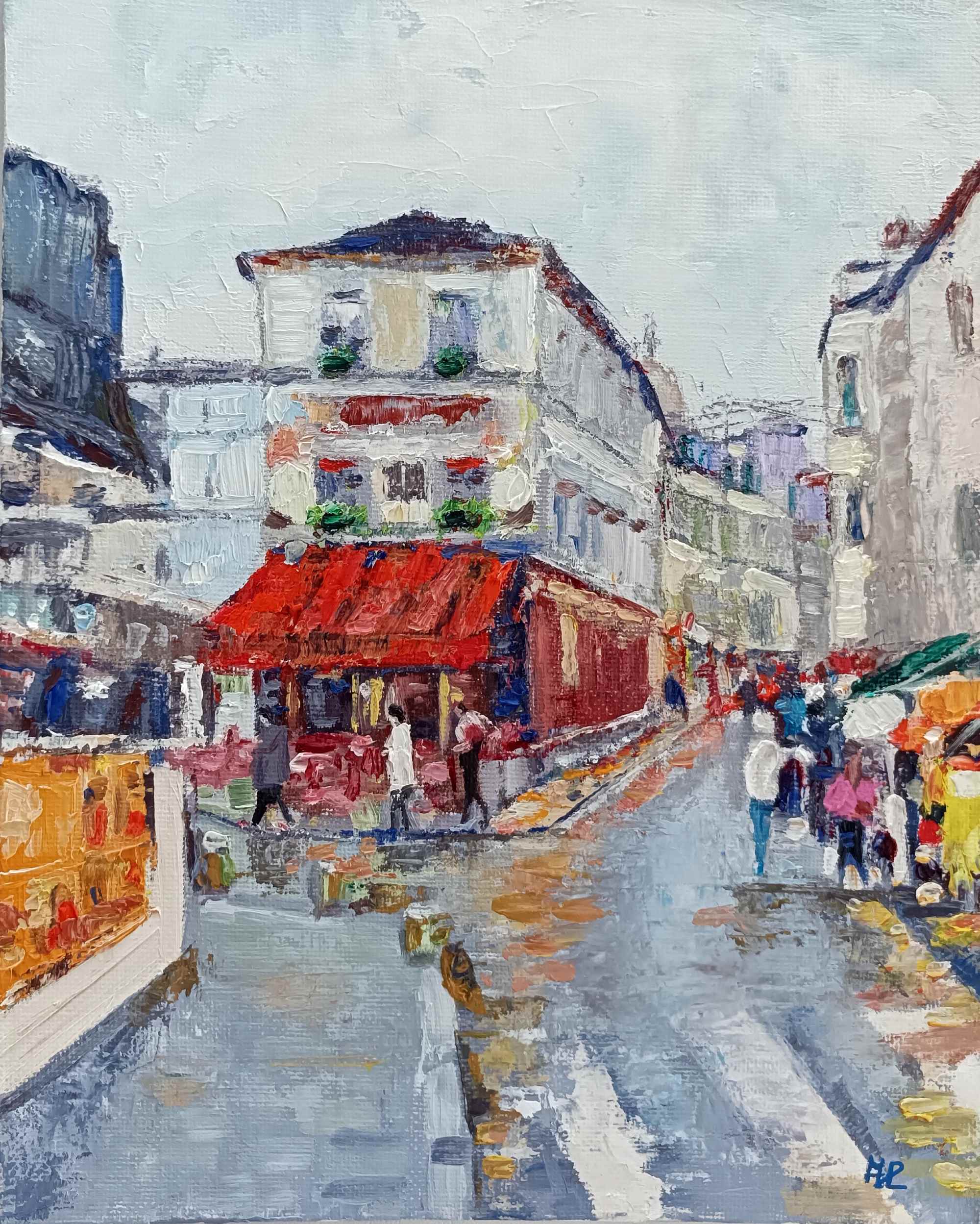 Tras la lluvia, paisaje urbano de un día tras la lluvia en la ciudad, asfalto mojado y personas paseando y de compras por los comercios, óleo sobre lienzo 25.5x20 cm