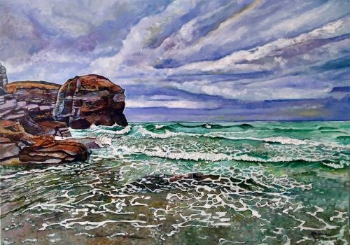 Arquitectura del mar, óleo sobre lienzo de lino de 54x91,5 cm. Paisaje de la playa de Barreiros, Galicia, España. Mar picado en tonos esmeraldas, rocas dentro del mar en grises y tierra, cielo nuboso.
