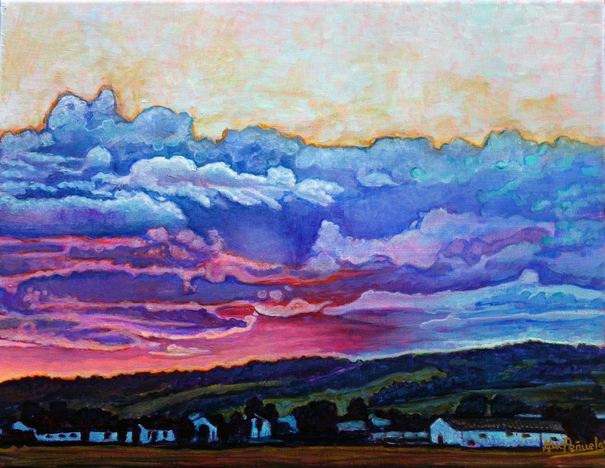 Atardecer de fuego, acrílico sobre lienzo con bastidor de madera de 27x35 cm. Cielo amarillento en la parte alta, nubes azuladas que se enrojecen hacia el sol ya escondido tras las montañas. Casitas al pie de las montañas. Sembrado en tonos terrosos delante.