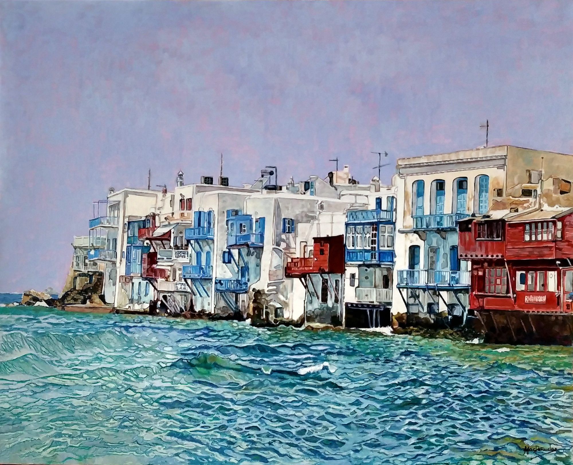 Azules y Turquesas, óleo sobre lienzo de lino de 80x100 cm. Paisaje de Mikonos con edificios blancos, mar turquesa con movimiento y cielo despejado.