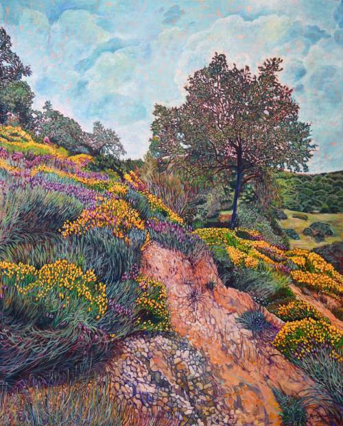 Catarata floral, acrílico y óleo sobre lienzo de lino de 100x81 cm. Paisaje de la sierra de Pozoblanco, Córdoba. Subida de tierra rojiza y pedregosa con racimos de tallos ondulantes y flores rosas y amarillas. Árbol de envergadura media en el centro, arbolitos dispersos en la ladera. Prado verde ondulado con matorrales y montañas arboladas al fondo. Cielo algo nublado pero luminoso.