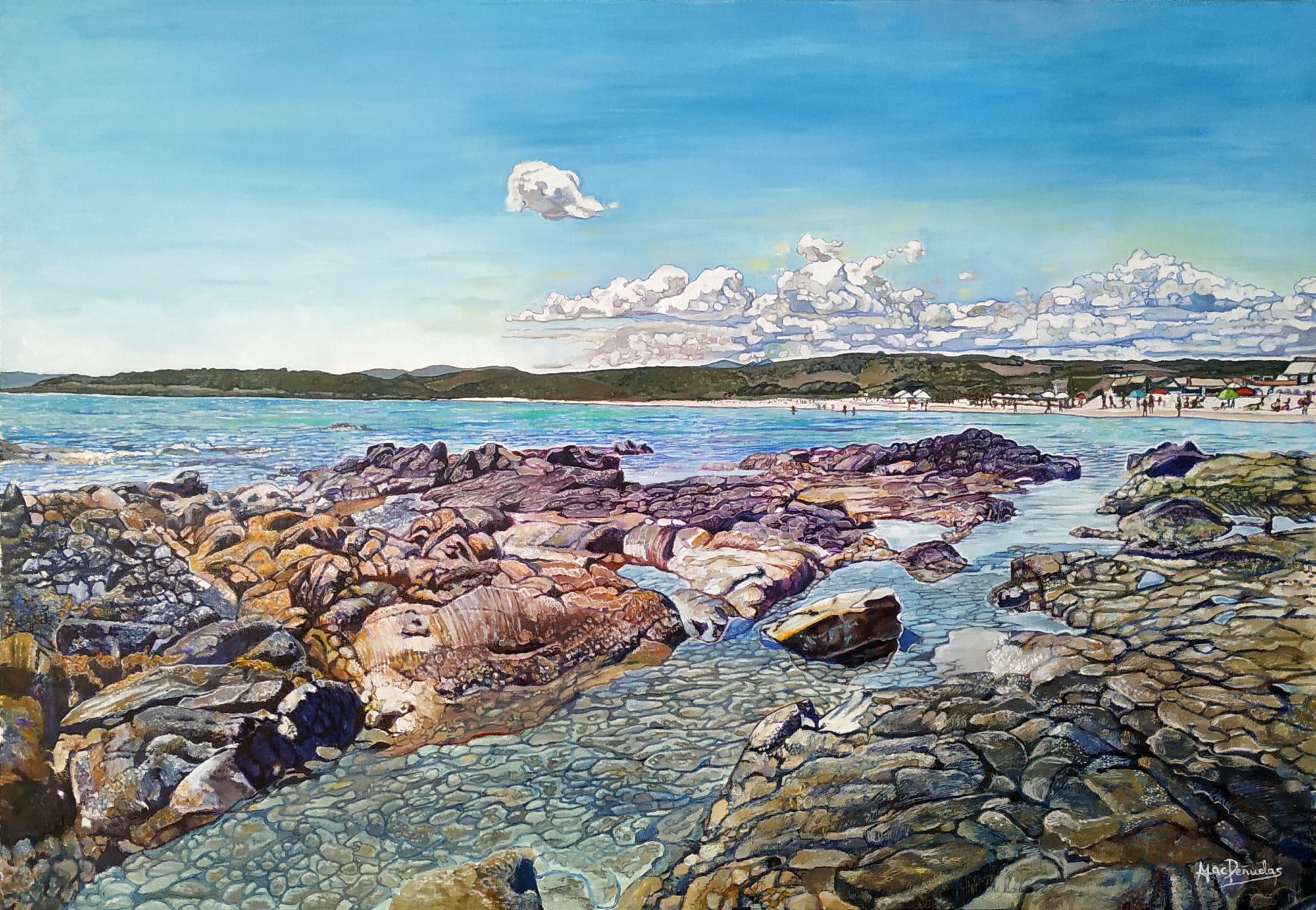 Ciudades en el mar, acrílico y óleo sobre lienzo de lino en bastidor de madera de 81x116 cm. Rocas bajas en el mar de una zona de playa de Olbia, Cerdeña. En el horizonte, playa con personas y montañas bajas con vegetación. Día despejado con algunas nubes.