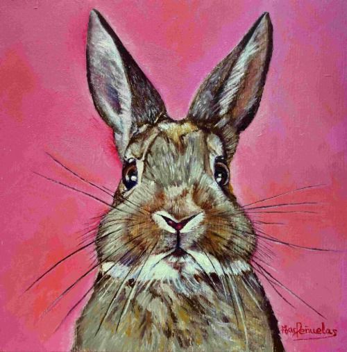 Conejo, óleo al agua sobre madera de haya acunada de 20x20 cm. Carita de conejo mirando de frente en tonos tierras y blanco. Fondo rosa fucsia.