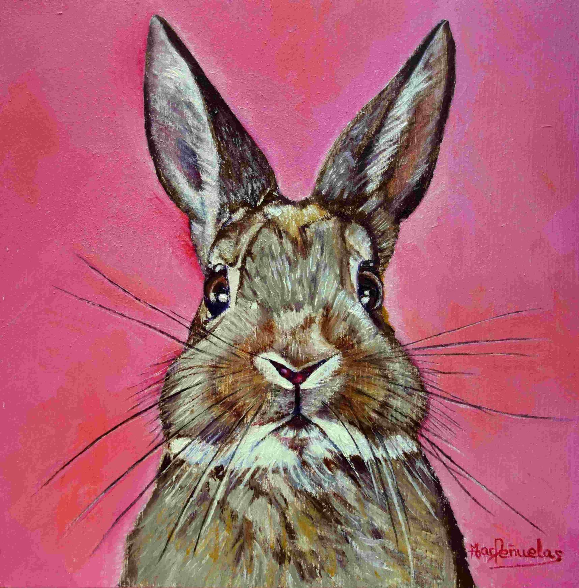 Conejo, óleo al agua sobre madera de haya acunada de 20x20 cm. Carita de conejo mirando de frente en tonos tierras y blanco. Fondo rosa fucsia.