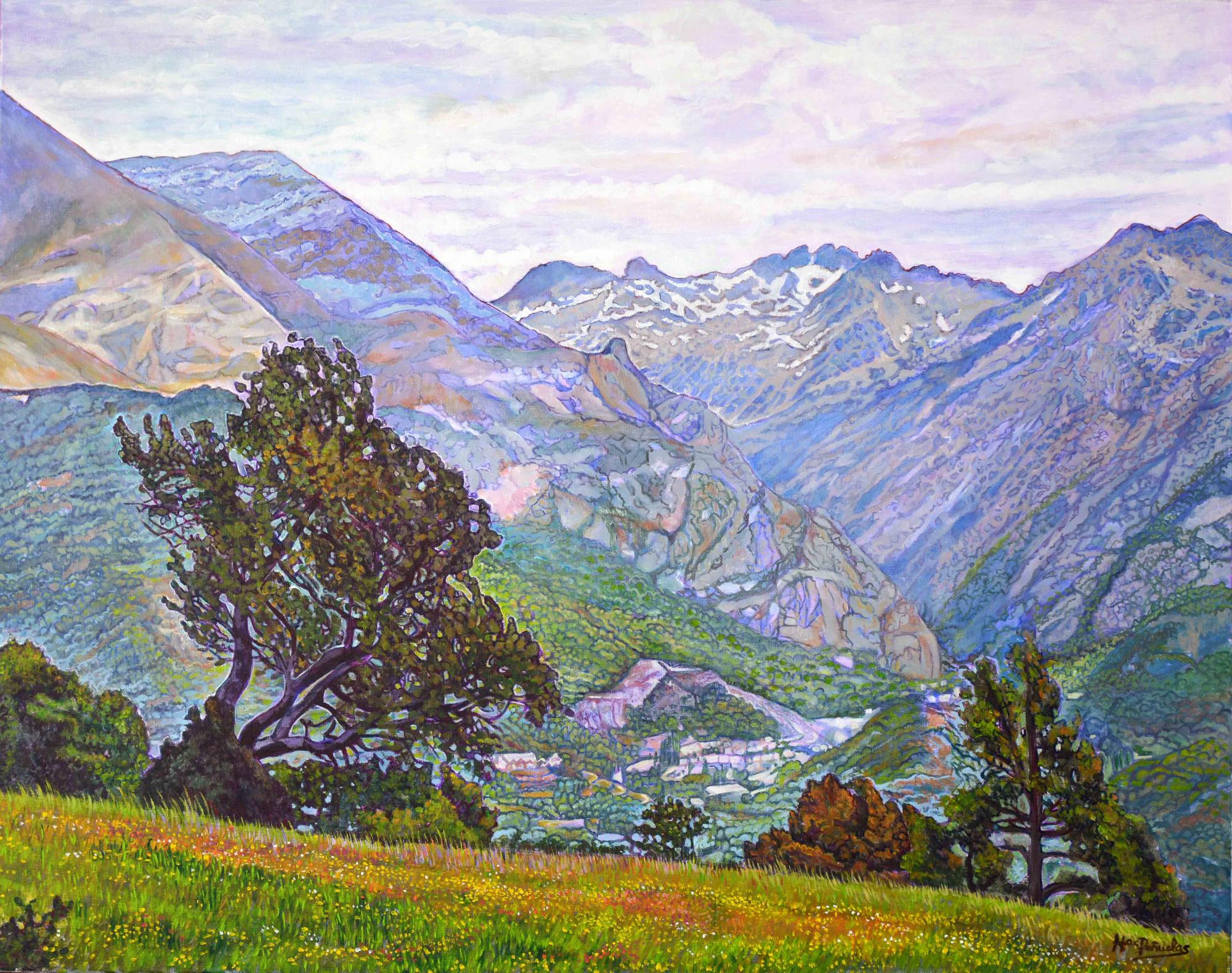 Contraste en Los Pirineos, acrílico sobre lienzo de lino de 73x92 cm. Paisaje pirenaico con pradera verde y flores rojas, amarillas y blancas en primer plano. Ladera con vegetación, formaciones rocosas y montañas con nieve en las cumbres. Colores desde verdes intensos y cobrizos hasta azules, lilas y grises.