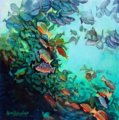 Danza en el arrecife, acrílico sobre lienzo de algodón orgánico fijado en cartón de 20x20 cm. Banco de peces formando un círculo con vivos contrastes de luces y colores. Agua de color verde esmeralda luminoso.