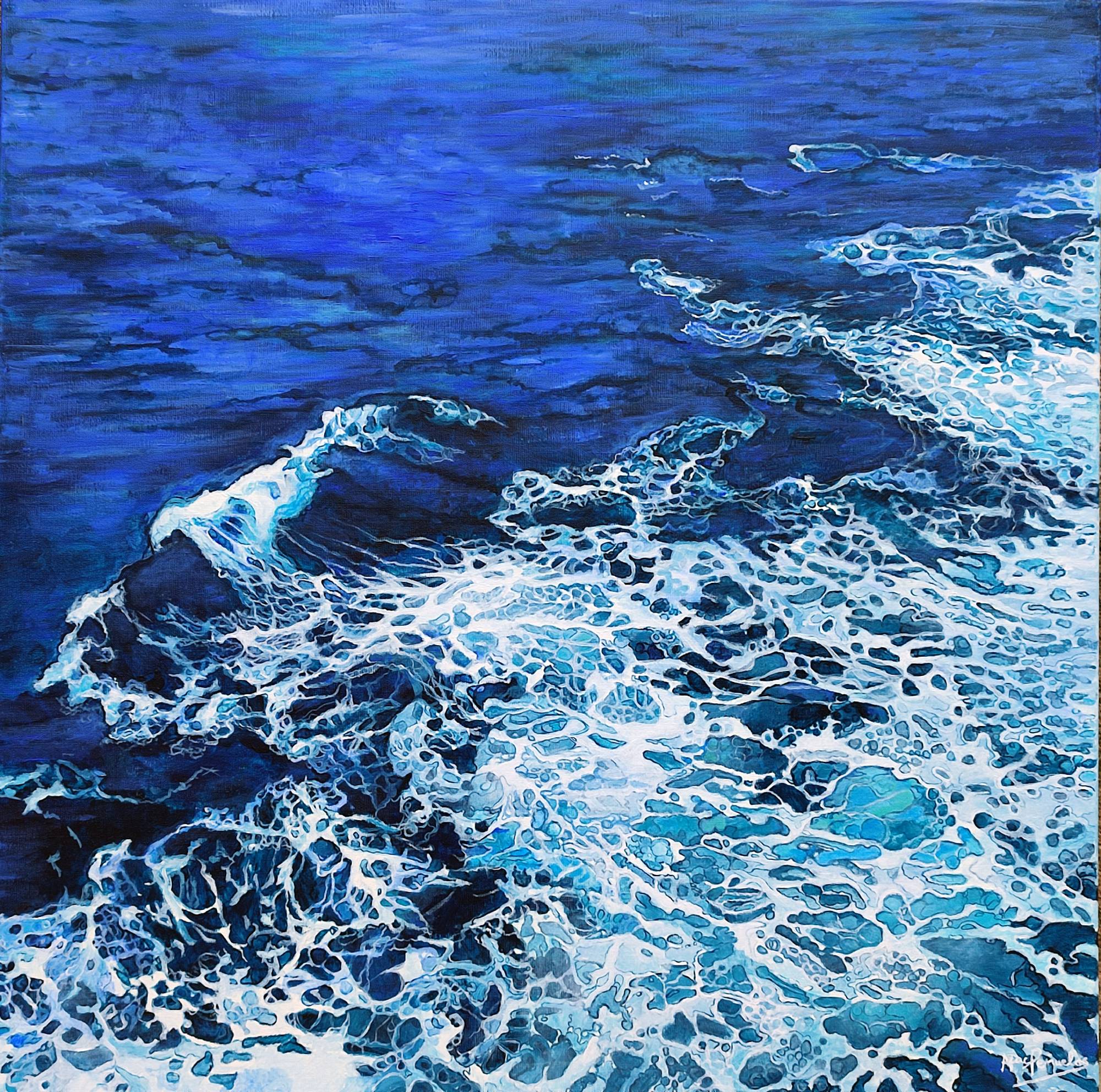 Desde el barco, acrílico sobre dos lienzos de lino de 80x80 cm cada uno (total 160x80 cm). Vista desde la terraza de un barco en el Mediterráneo. Agua azul intenso y oscuro. Cielo con franja azul despejado y masas de nubes revoltosas con drama y movimiento. En primer plano, agua revuelta por el paso del barco con espuma blanca y tonos turquesas mezclados con azules profundos.
