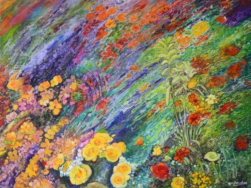 Día de viento en el parque, óleo sobre lienzo de 60x80 cm. Flores que ocupan todo el lienzo, unas detalladas y otras borrosas dando sensación de movimiento. Obra muy colorida.