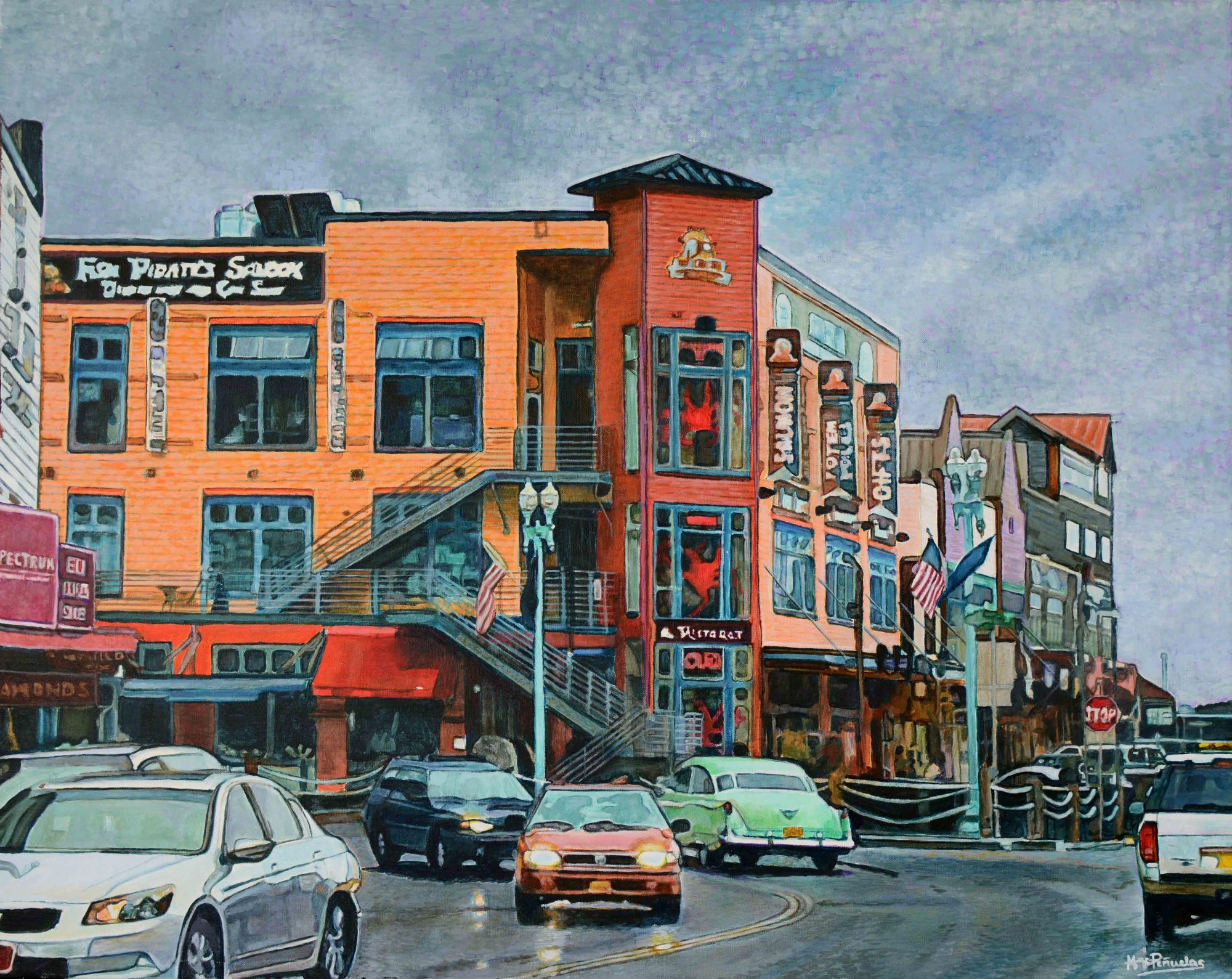 Día gris urbano, acrílico sobre lienzo de algodón en bastidor de madera de 73x92 cm. Paisaje urbano de Ketchikan, Alaska. Día nublado y gris tras la lluvia con edificios y carretera con coches.