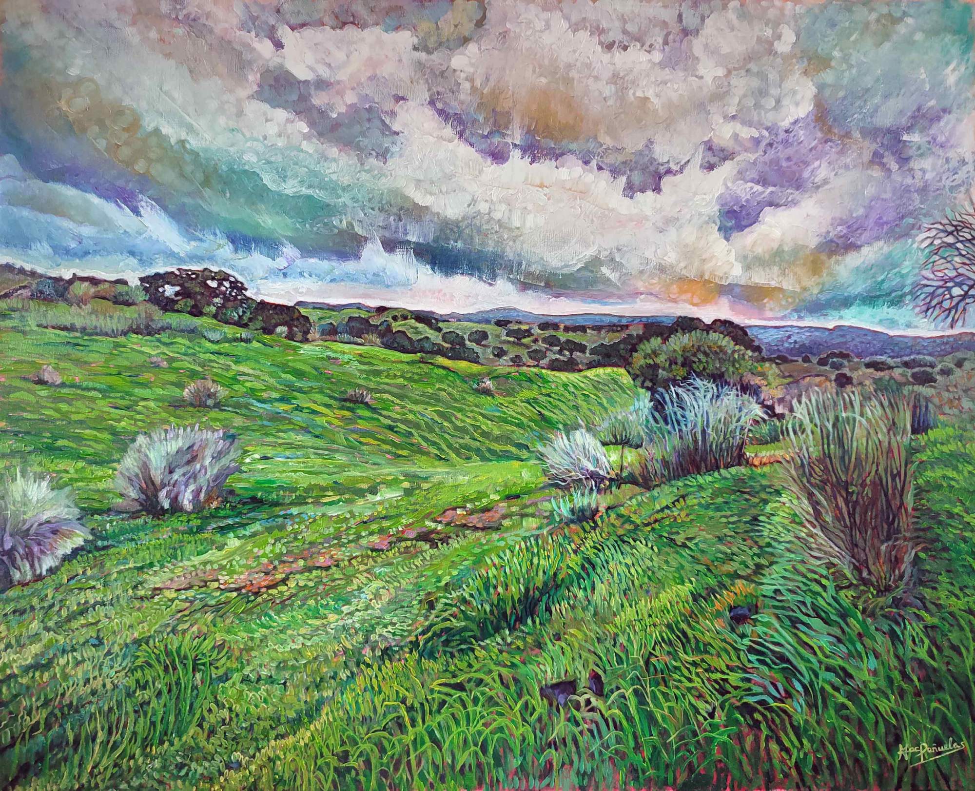 Día nublado en la pradera, óleo sobre lienzo de lino de 81x100 cm. Pradera serrana con hierbas crecidas meciéndose con el viento. Cielo cargado de nubes expresivas. Montículos verdes que suben y bajan hacia un horizonte con encinas. Montañas lejanas en tonos azulados.