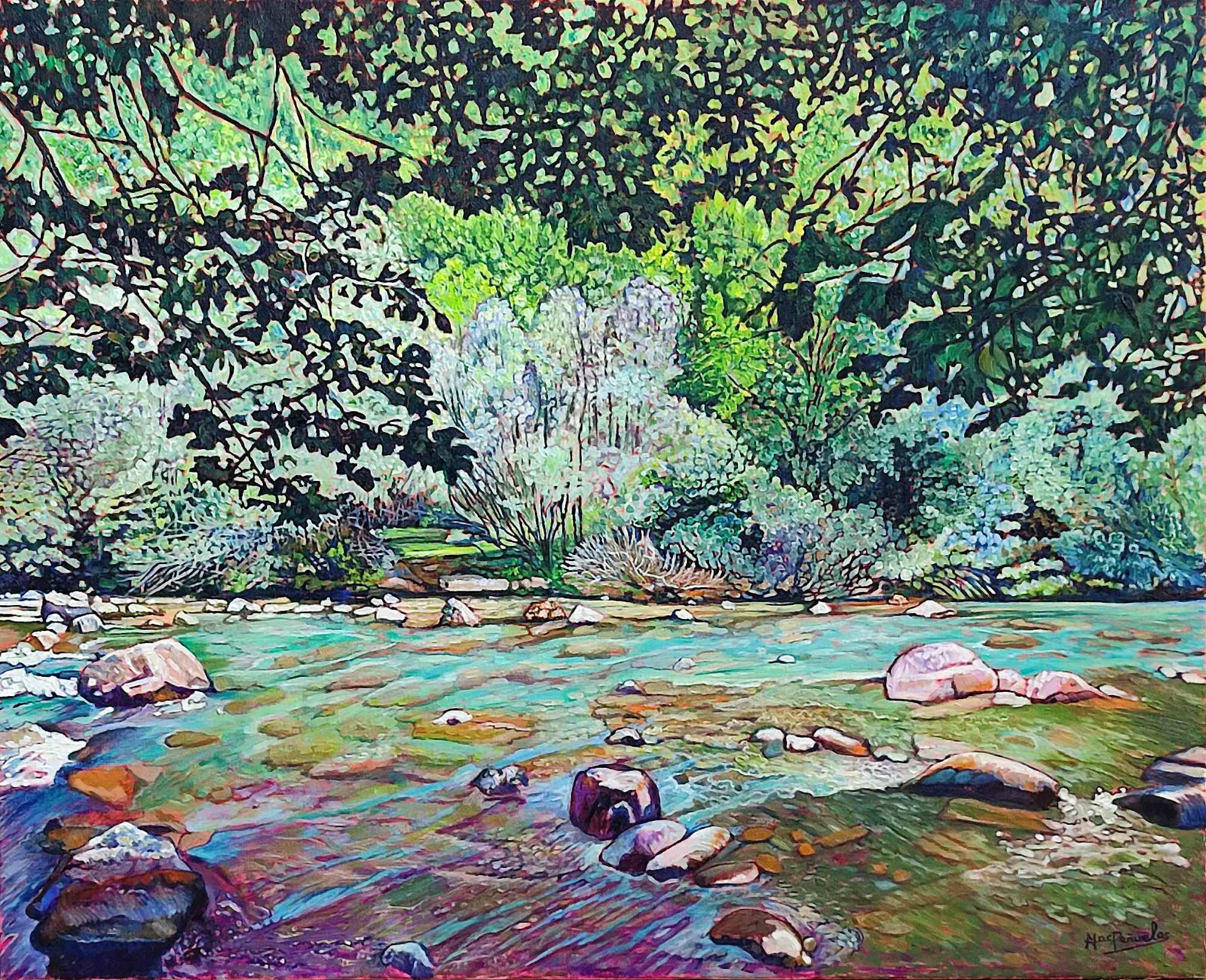 Diálogos conmigo misma, óleo sobre lienzo de lino de 81x100 cm. Zona del Parque Nacional de Ordesa y Monte Perdido en el Pirineo central de Huesca. Río con agua corriendo entre piedras y mucha vegetación.