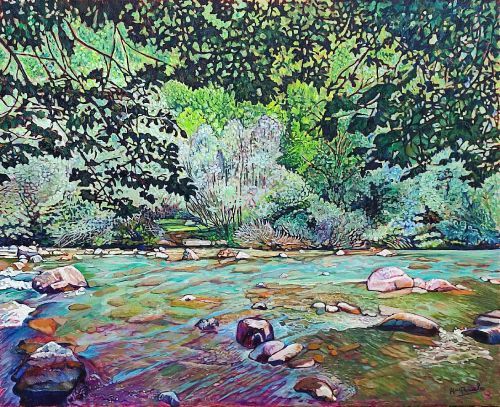Diálogos conmigo misma, óleo sobre lienzo de lino de 81x100 cm. Zona del Parque Nacional de Ordesa y Monte Perdido en el Pirineo central de Huesca. Río con agua corriendo entre piedras y mucha vegetación.