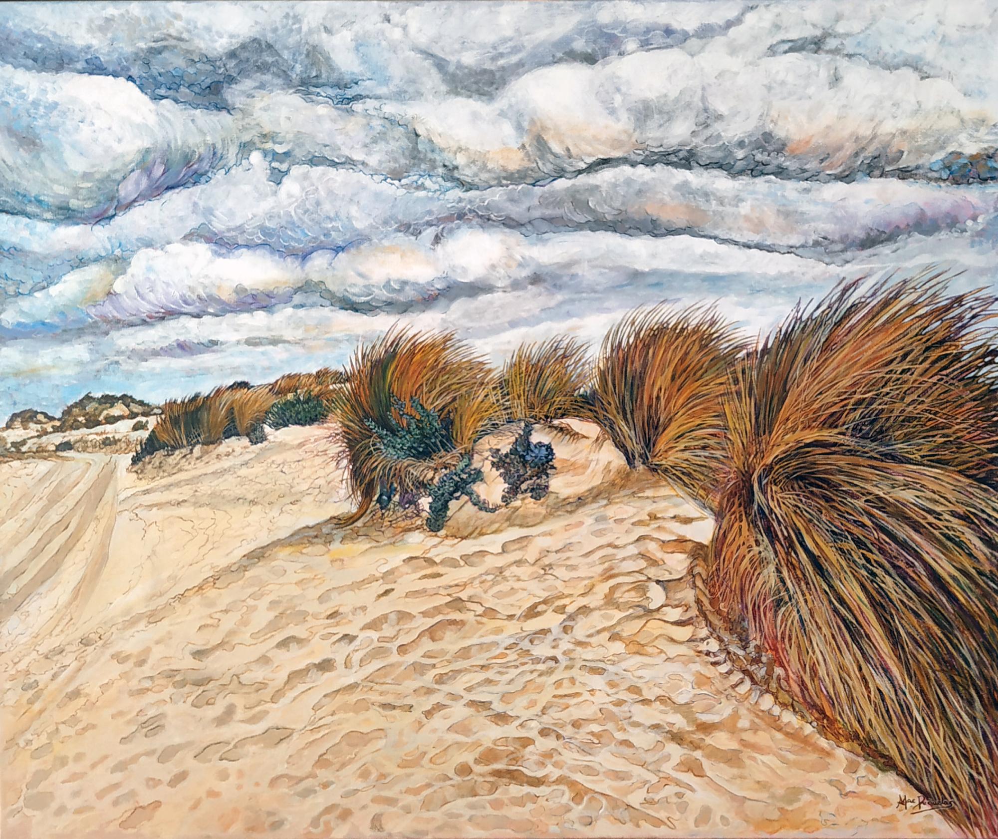 Dunas en Doñana, acrílico sobre lienzo de lino de 100x120 cm. Paisaje de dunas con matorrales de agujas doradas sobre la arena. Huellas de neumáticos de un vehículo. Cielo muy nuboso.