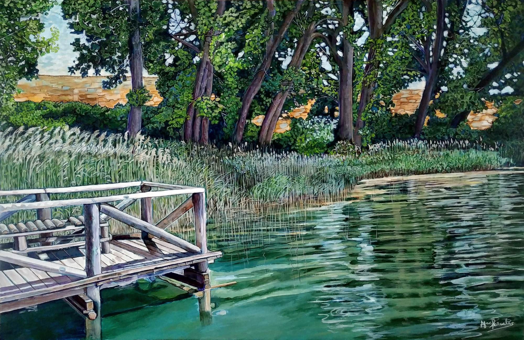 El embarcadero, acrílico sobre lienzo de 65x100 cm. Paisaje de un embarcadero de madera en un río de aguas verdes esmeraldas. Vegetación y arboleda en la provincia de Cuenca, España.