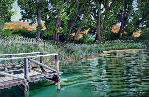 El embarcadero, acrílico sobre lienzo de 65x100 cm. Paisaje de un embarcadero de madera en un río de aguas verdes esmeraldas. Vegetación y arboleda en la provincia de Cuenca, España.