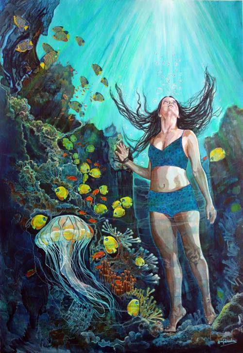 En busca de la luz, acrílico sobre lienzo de 116x81 cm. Figura femenina en el reino submarino entre sombras, con cabello oscuro flotando, ascendiendo hacia la luz que brilla desde arriba como faro de esperanza.