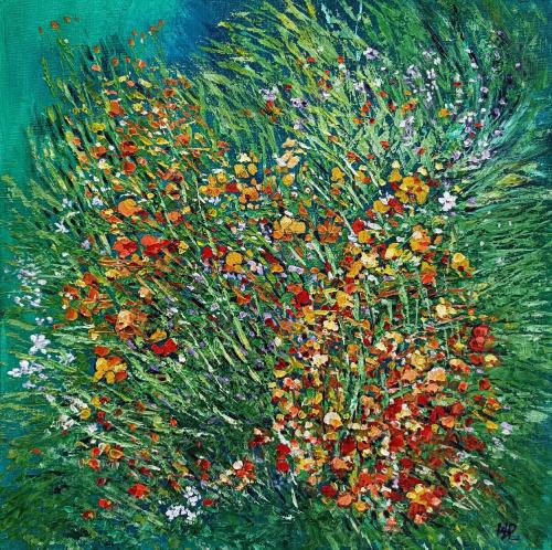 Explosión de flores silvestres, óleo al agua sobre lienzo de algodón fijado sobre madera de 30x30 cm. Flores silvestres distribuidas por todo el lienzo en rojos, naranjas intensos, amarillos y blancos sobre hierba verde en tonos limón, hierba y sombreado.