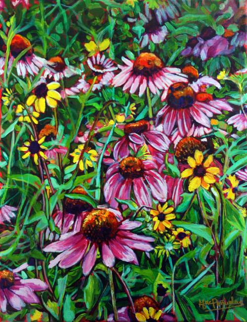 Flores de equinácea, óleo sobre lienzo de algodón-poliéster con bastidor de madera de 35x27 cm. Fragmento de vegetación verde con flores rosas de equinácea entremezcladas con margaritas amarillas.