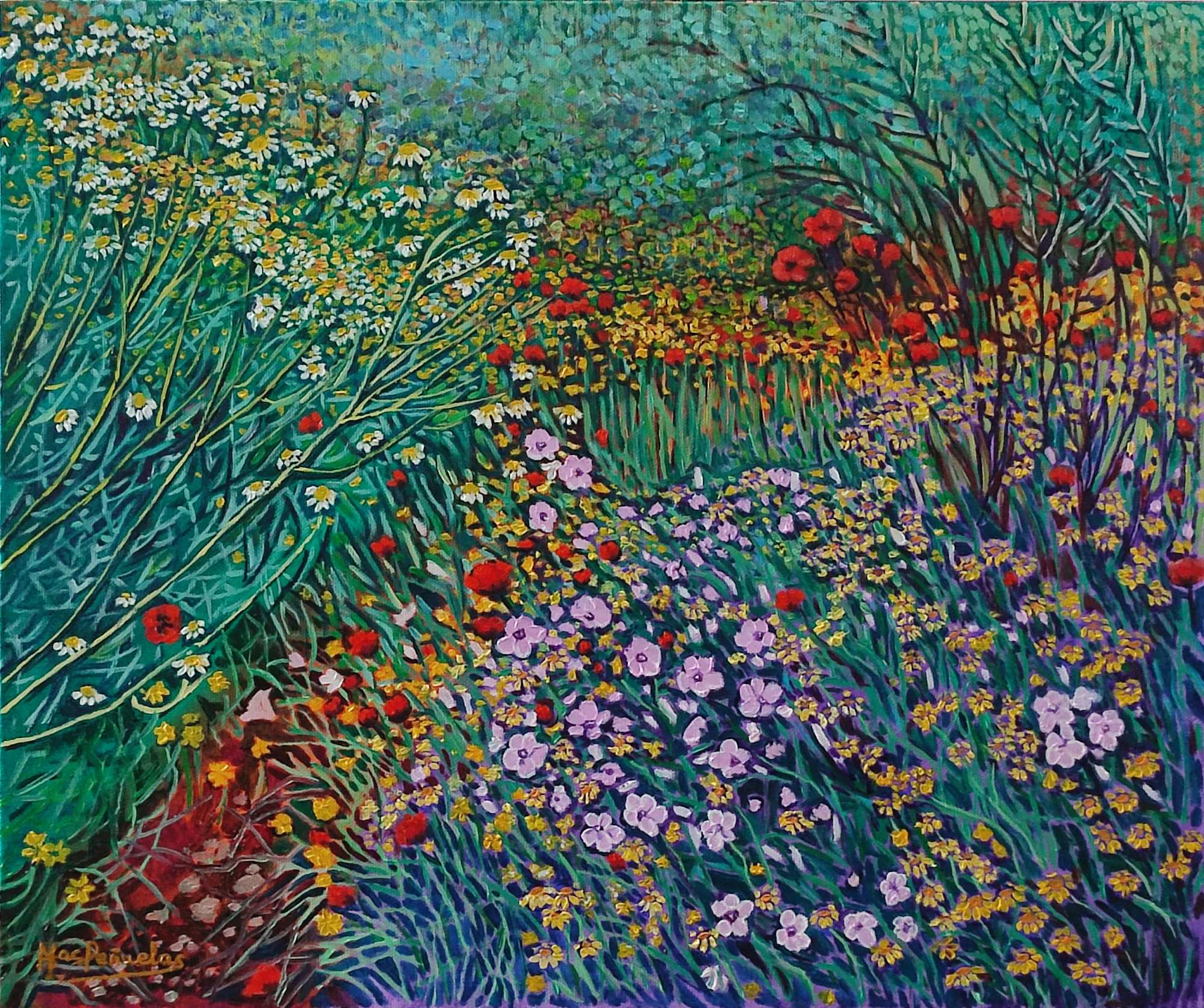 Fragmento de flores silvestres, acrílico y óleo sobre lienzo de 55x46 cm. Margaritas blancas, flores amarillas, amapolas rojas y flores malva entrelazadas sobre fondo de verdes diversos y tonos terrosos. Composición en forma de X.