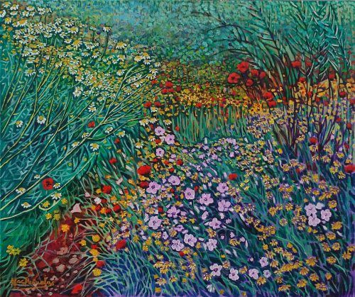 Fragmento de flores silvestres, acrílico y óleo sobre lienzo de 55x46 cm. Margaritas blancas, flores amarillas, amapolas rojas y flores malva entrelazadas sobre fondo de verdes diversos y tonos terrosos. Composición en forma de X.
