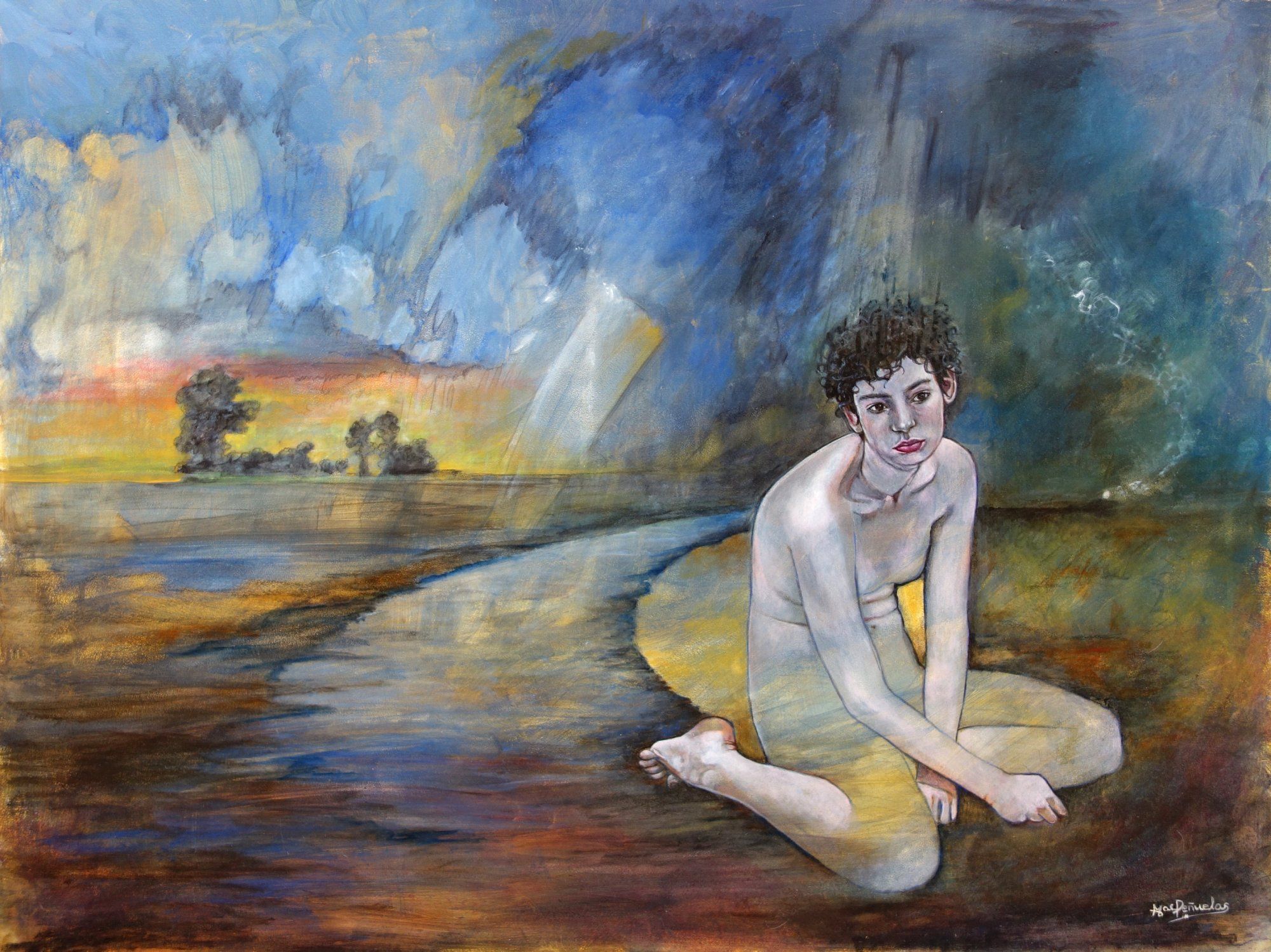 Hasta aquí, pintura realista en acrílico con lápiz y técnicas mixtas sobre tabla de 61x81 cm. Persona arrodillada desnuda con mirada perdida y cuerpo parcialmente transparente. Camino en curva, atardecer, árboles y humo blanco. Abandono del camino como declaración, no como lamento.